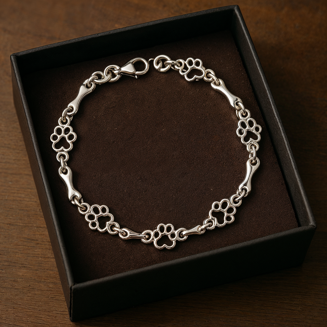 Bracelet avec des pendentifs en forme de patte de chien et d'os en argent