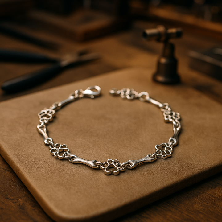 Bracelet avec des pendentifs en forme de patte de chien et d'os en argent
