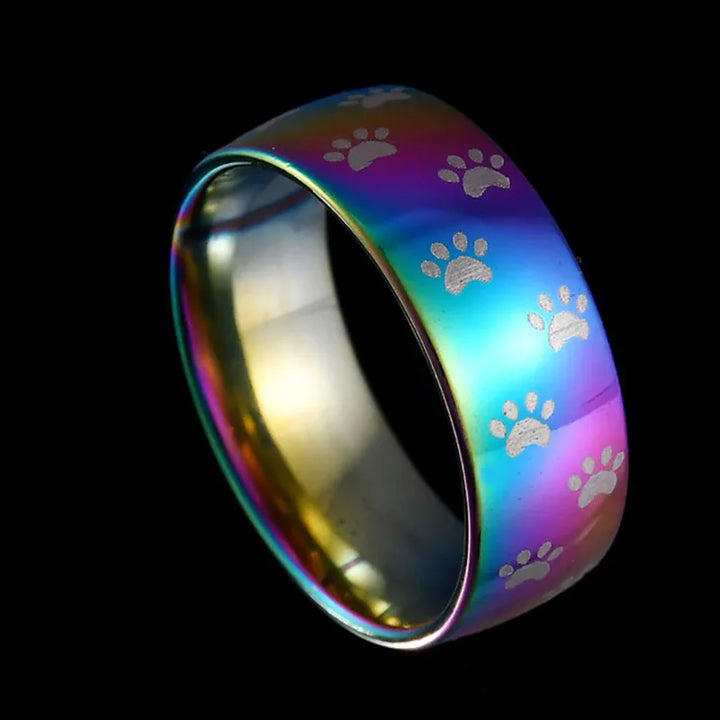 Bague avec empreinte de patte en acier inoxydable arc-en-ciel fait à la main