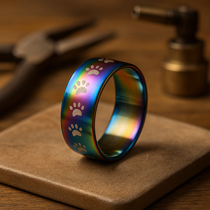 Bague avec empreinte de patte en acier inoxydable arc-en-ciel fait à la main
